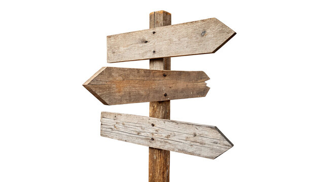 Old rustic wooden signpost arrow pointer directional road sign board isolated mockup