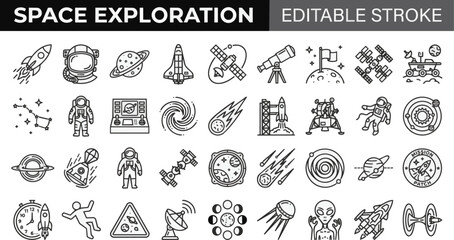 Space exploration and astronomy icons set with line on transparent background Editable Stroke. © icon_vectors