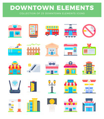 Fototapeta premium Collection of flat downtown elements icons with buildings and transportation.