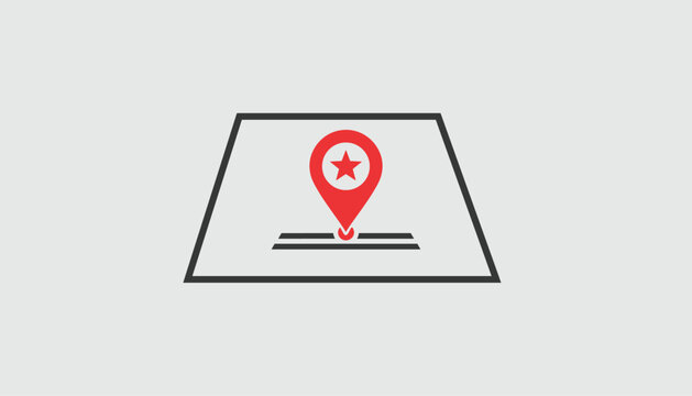 Clean vector illustration of a red map pin containing a star, pointing to a location on a perspective map against a light grey background.
