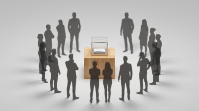 Diverse group of human silhouettes standing in a circle around a transparent ballot box, representing democratic voting, election process, and societal participation