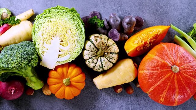 Fresh Autumn Vegetables Assortment with Pumpkin, Cabbage, Broccoli, and Squash on Dark Background