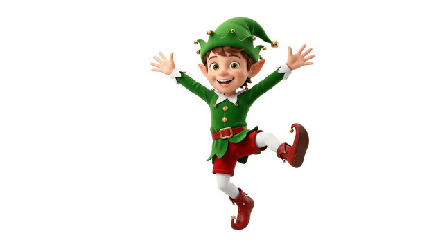 A cheerful 3D cartoon Christmas elf jumping with joy isolated on white