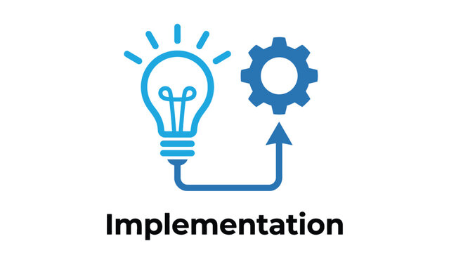 Bright lightbulb icon connected to mechanical gear symbol representing creative implementation of complex business strategy concepts
