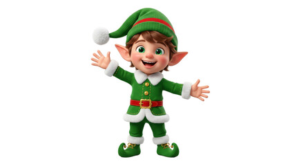 Fototapeta na wymiar A cute Christmas elf waving with both hands against white background