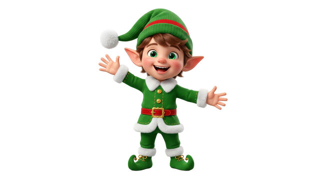 A cute Christmas elf waving with both hands against white background