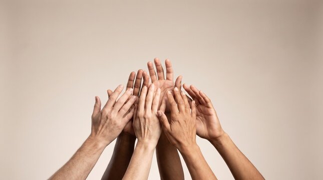 Diverse hands raised upward together against a neutral background, representing unity and collaboration