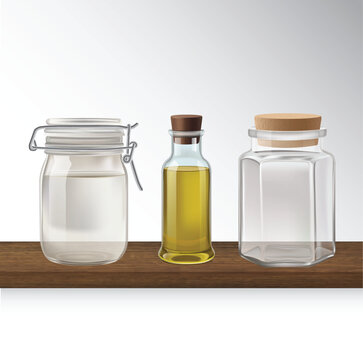 Vector set of Clear Glass Storage Jars in different sizes with Wooden Lids arranged on a rustic wooden surface
