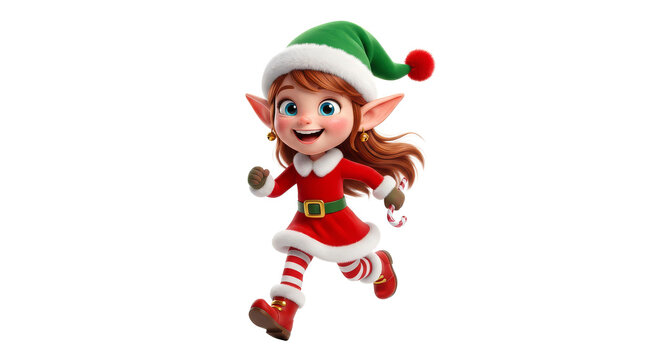 Cartoon Christmas elf girl running happily with a candy cane