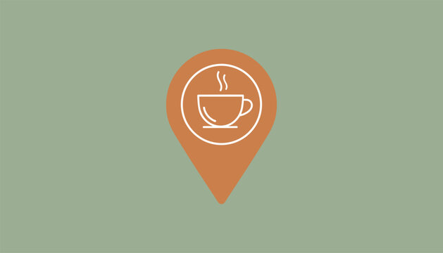 Coffee cup icon enclosed in a circular map pointer pin on a warm orange and sage green background, denoting cafe location.