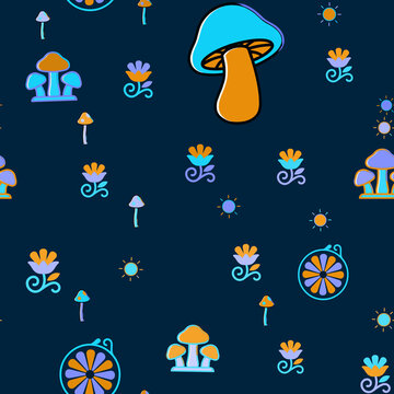 Stylized mushroom and flower seamless pattern