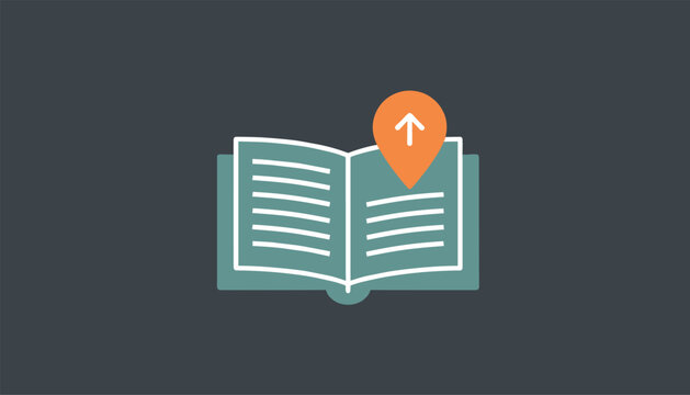 Conceptual vector illustration of an open book with an orange location pin arrow, perfect for travel guides and libraries.