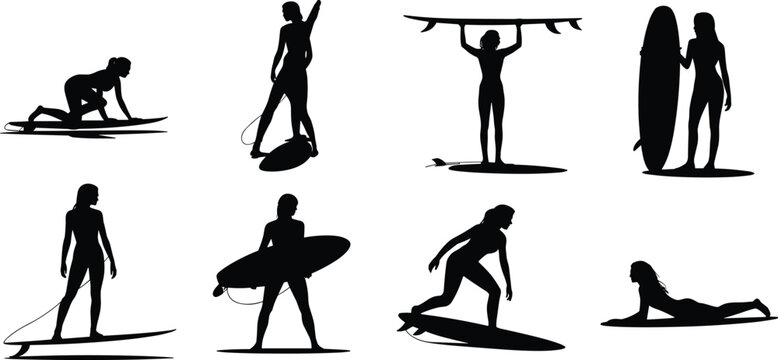 Collection of black silhouettes depicting a female surfer in different positions with a surfboard, isolated on a white background, for water sports projects