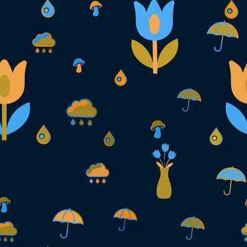 Stylized seamless pattern of rain, flowers, and umbrellas