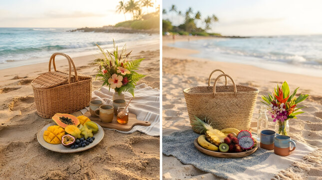Tropical beach picnic with fresh exotic fruit and flowers at sunset