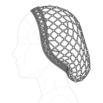 Side profile sketch of Renaissance pearl snood caul.