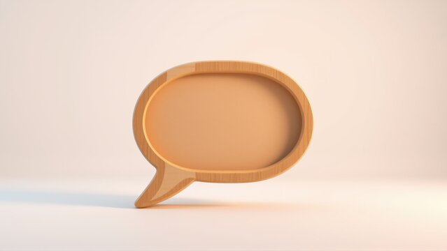 Wooden speech bubble stands out against gradient background. Minimalist design, warm tones, simple studio lighting. Focus on shape, texture.