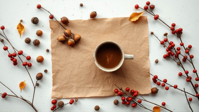 Autumn still life. Coffee cup rests on paper, surrounded by nuts, berries, leaves. Warm tones dominate composition. Cozy, seasonal scene.