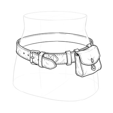 Hand drawn sketch of peasant leather utility pouch belt. 3/4 view.