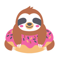 Fototapeta premium Cute Sloth Character Hugging A Delicious Pink Donut With Colorful Sprinkles Art