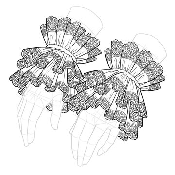 Hand drawn sketch of fine Renaissance lace wrist cuffs. Front view.
