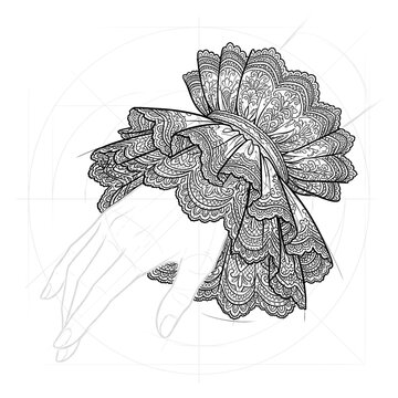 Hand drawn sketch of fine Renaissance lace wrist cuffs. 3/4 view.