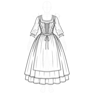 Hand drawn sketch of classic tavern wench dress. Front view.