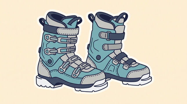 Coordinating bluegray winter ski boots in a simple, minimal graphic flat design. Suitable for ski resort promotions and winter sports graphics.