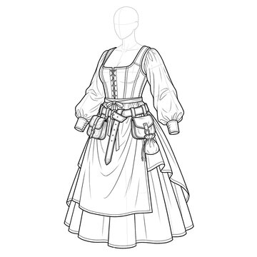 Hand drawn sketch of market seller peasant dress. 3/4 view.