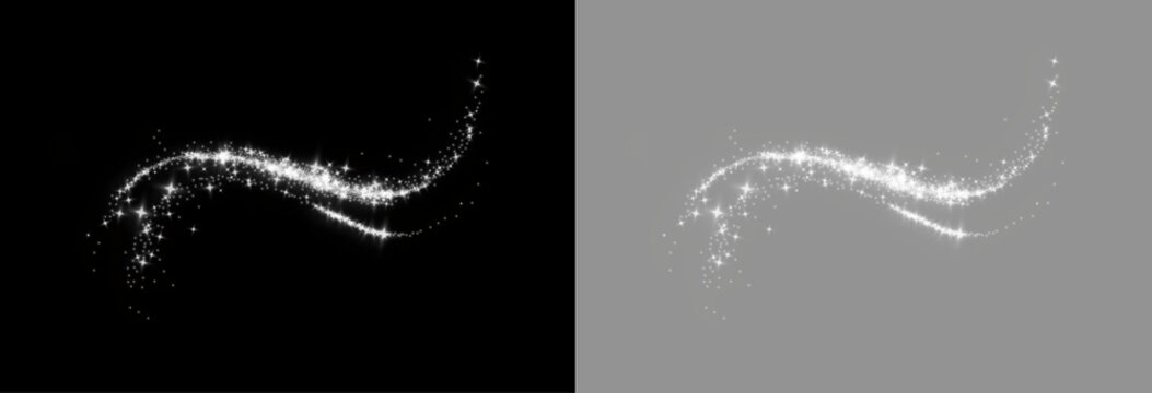 Glowing white particle stream with sparkling dust, graceful flowing curves and radiant specks, creating an elegant luminous motion effect.