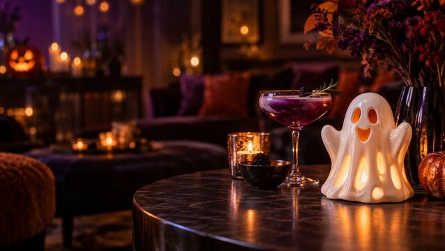 Glowing ghost figurine with purple cocktail and burning candles on marble table. Halloween party decoration in cozy dark living room interior.