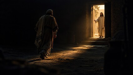 Fototapeta premium Man walking from darkness toward Jesus standing in glowing doorway. Biblical scene of invitation and salvation in ancient stone house.