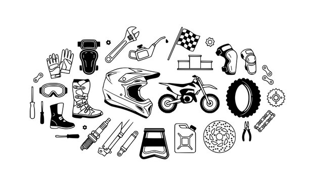 Hand Drawn Doodle Motocross Gear Set with Helmet Motorcycle Gloves and Racing Flag Vector Illustration Collection