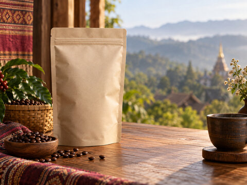 Blank coffee pouch packaging mockup displayed on a rustic wooden table with coffee beans, woven Lanna textile, and a soft mountain view in the background. Ideal for branding, product presentation, pac