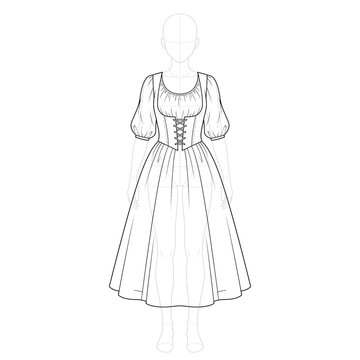 Hand drawn sketch of simple peasant girl dress. Front view.