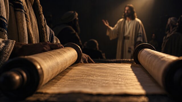 Hands holding ancient scroll in foreground while Jesus teaches crowd in dark synagogue. Scripture scrolls open on table under warm light of biblical scene.