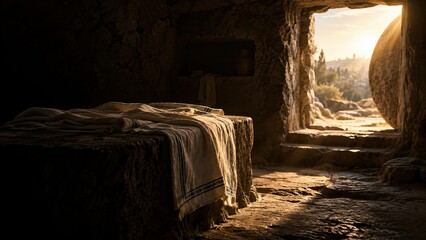 Fototapeta premium Empty tomb with folded burial cloth on stone slab and rolled away door. Golden sunlight streams into dark cave revealing ancient Jerusalem landscape.
