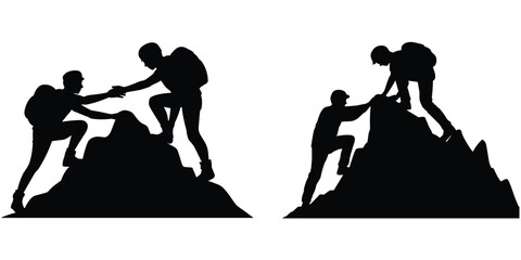 Obraz premium Two pairs of black silhouettes depicting mountain climbers helping each other reach the summit, isolated on a white background, teamwork concept