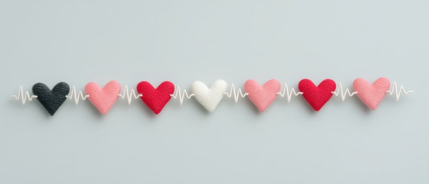 Colorful heart shapes symbolizing love and emotion against a soft gray background with a heartbeat line