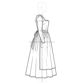 Side profile sketch of baker cook peasant dress. Line art.