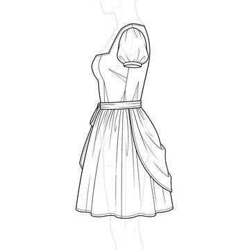 Side profile sketch of practical milkmaid dress. Line art.