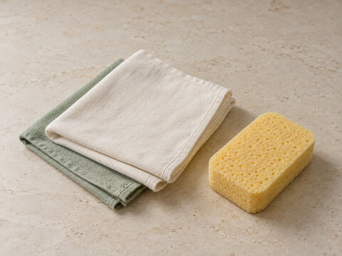Folded washable cleaning cloths beside a simple sponge