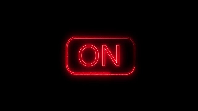 Glowing red neon ON button line animation on black background, power switch concept