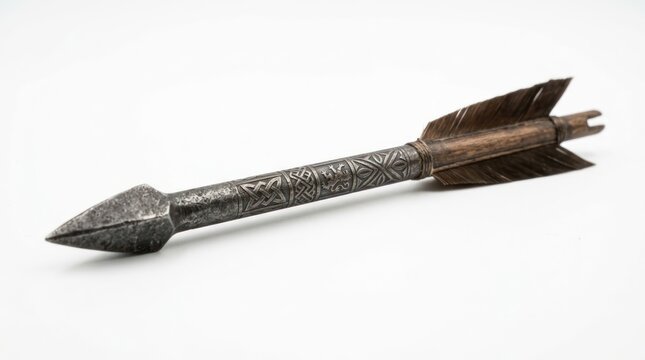 Ancient metallic arrow with decorative shaft and feathered fletching