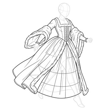 Action pose sketch of fur-trimmed Tudor gown. Ink illustration.