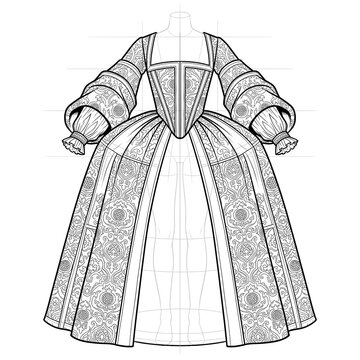 Hand drawn sketch of heavy brocade Tudor gown. Front view.