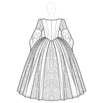 Back view sketch of heavy brocade Tudor gown. Ink design.