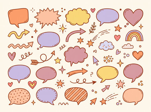 Background sticker collection with colorful speech bubbles, hearts, stars, arrows, and doodles. Perfect for artistic projects and unique design elements.