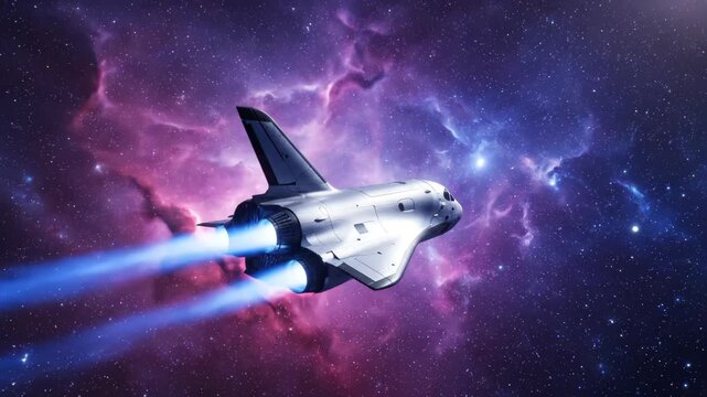 Space shuttles flying in the universe, interstellar spacecraft passing through nebulae
