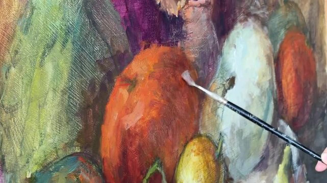 Сlose-up of painting and brush painting autumn still life with pumpkins. Painting class, art studio, art workshop